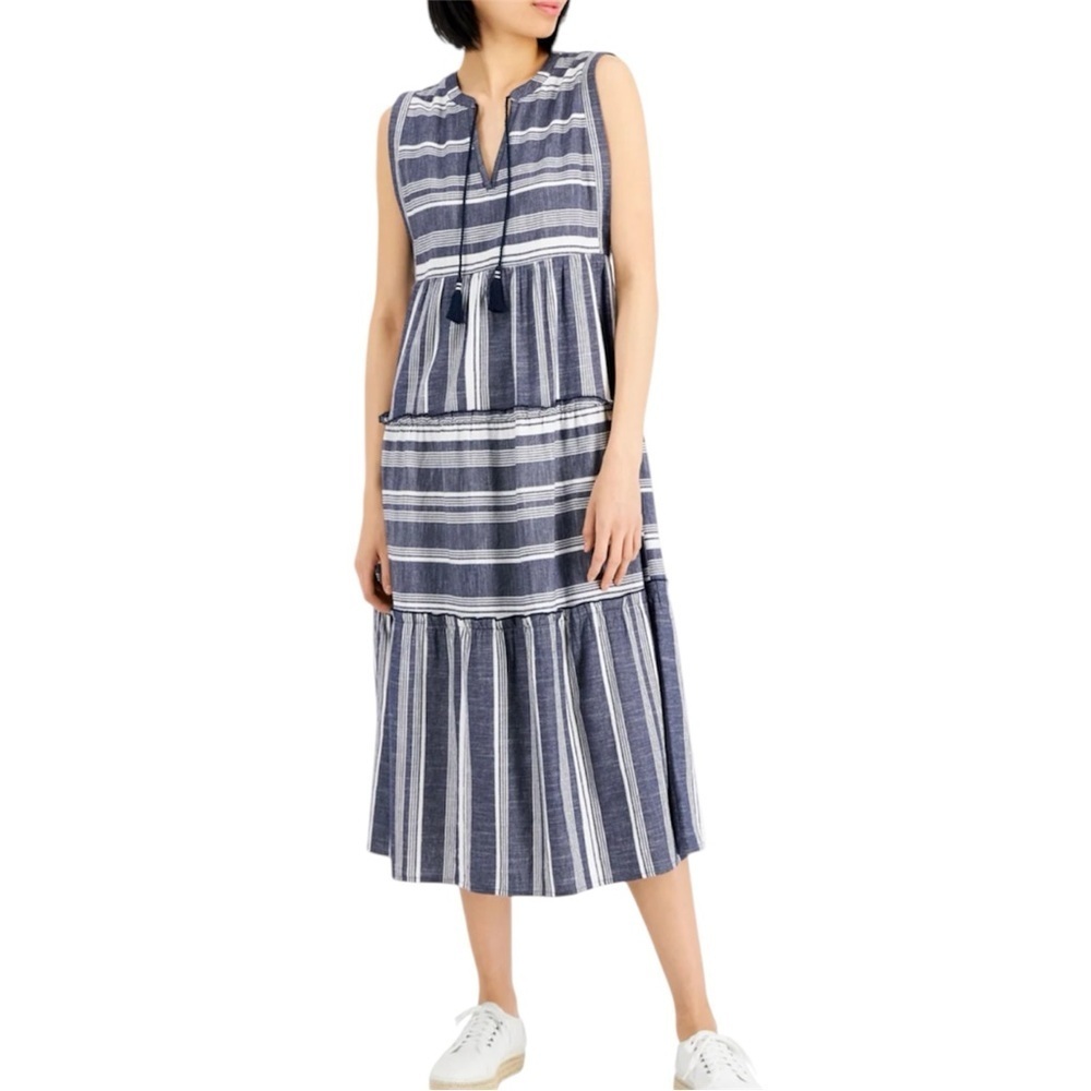 Charter Club Cotton Navy White Striped Sleeveless Midi Dress Size XL